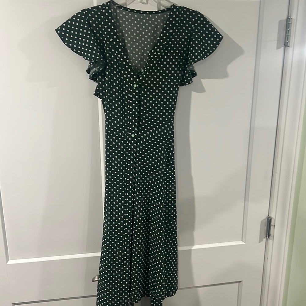 Emerald dress with white polka dots